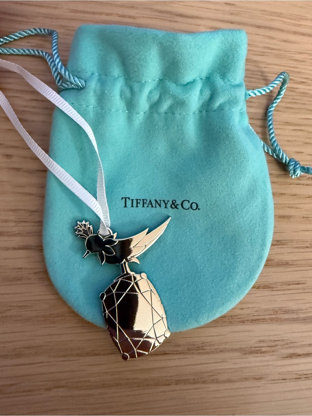 Tiffany & Co. Silver Bird on Pineapple Ornament with Blue Pouch